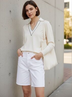 Sandro Alizia Varsity Preppy V- Neck Sweater in Ivory Cream Size 10